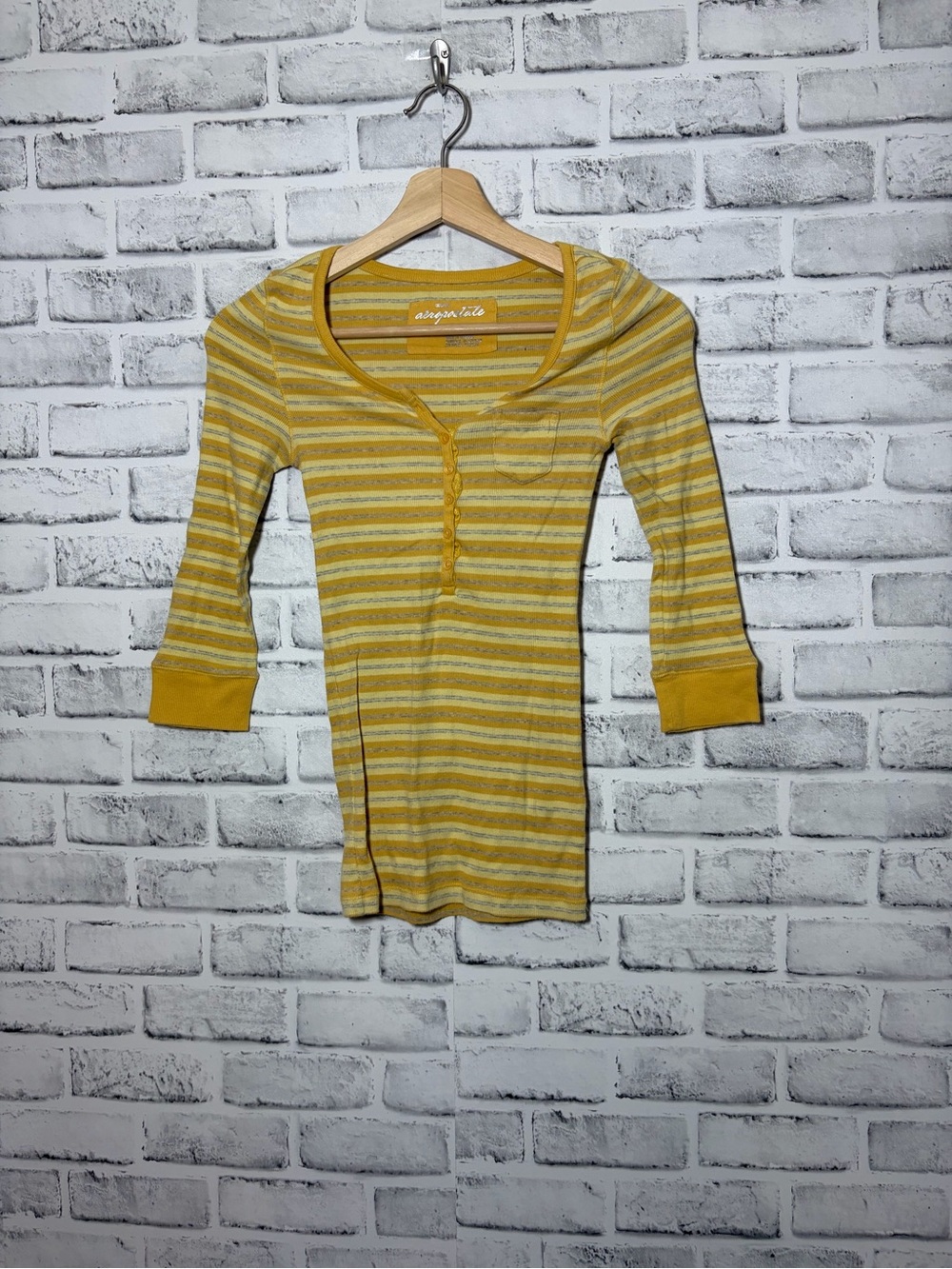 Aeropostale Yellow Striped Henley Scoop-Neck Top - Picture 2 of 4